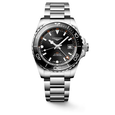 Longines HydroConquest GMT / orologio uomo / quadrante nero / cassa e bracciale acciaio