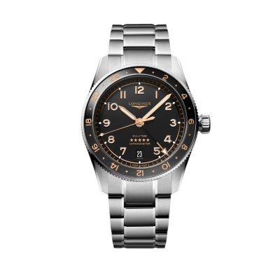 Longines Spirit Zulu Time GMT 39 mm / orologio uomo / quadrante nero opaco / cassa e bracciale acciaio