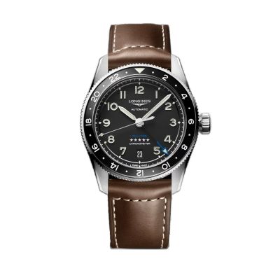 Longines Spirit Zulu Time / orologio uomo / quadrante nero / cassa acciaio / cinturino pelle marone