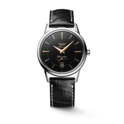 Longines Flagship Heritage / orologio uomo / quadrante nero / cassa acciaio / cinturino pelle nera