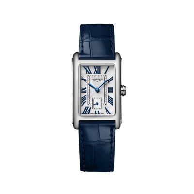 Longines DolceVita / orologio donna / quadrante argentato / cassa in acciaio / cinturino pelle blu