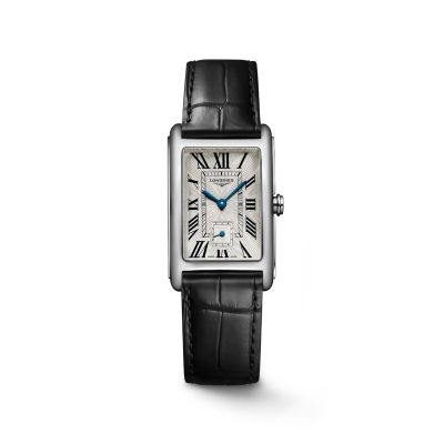 Longines DolceVita / orologio donna / quadrante argentato / cassa in acciaio / cinturino pelle nera