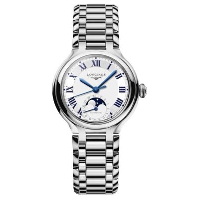 Longines Primaluna Moon Phase / orologio donna / quadrante madreperla bianca / cassa e bracciale acciaio