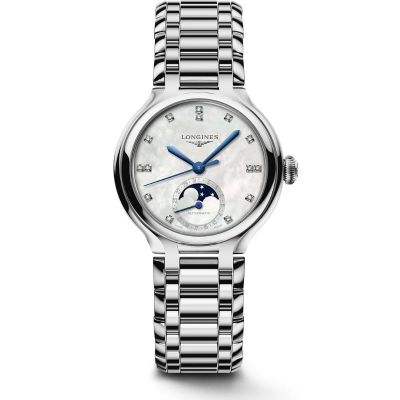 Longines Primaluna Moon Phase / orologio donna / quadrante madreperla bianca / cassa e bracciale acciaio