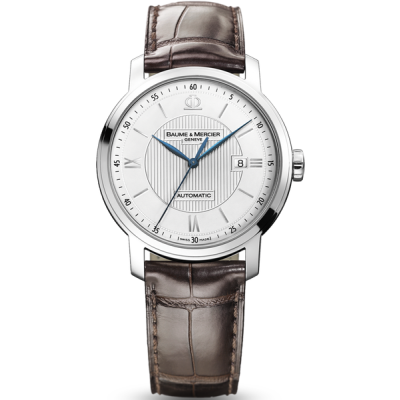 Baume & Mercier Classima / orologio uomo / quadrante argentato opalino con linee guilloché / cassa acciaio / cinturino alligatore marrone scuro