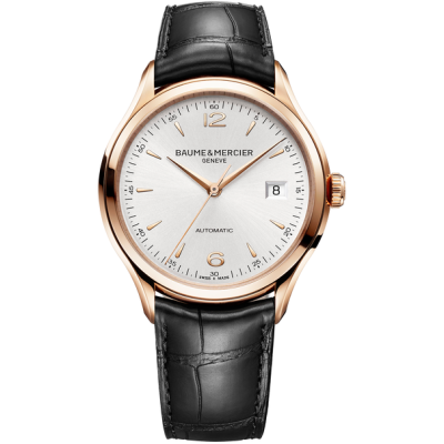 Baume & Mercier Clifton / orologio uomo / quadrante argentato finitura satinata soleil / cassa oro rosso / cinturino alligatore nero