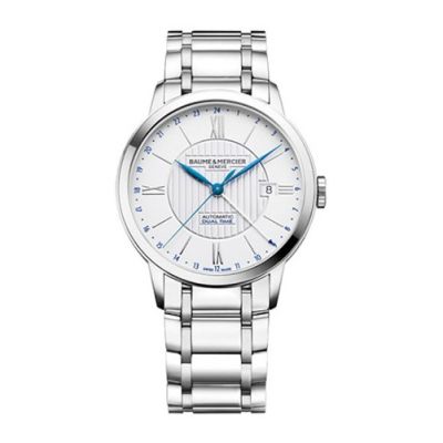 Baume & Mercier Classima Dual Time / orologio uomo / quadrante argentato con decoro linee guilloché / cassa e bracciale acciaio