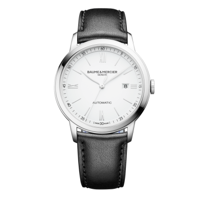 Baume & Mercier Classima / orologio uomo / quadrante bianco / cassa acciaio / cinturino pelle nera