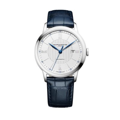 Baume & Mercier Classima / orologio uomo / quadrante argentato con decoro linee guilloché / cassa acciaio / cinturino pelle blu