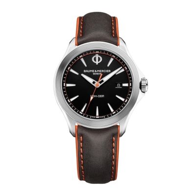 Baume & Mercier Clifton Club / orologio uomo / quadrante nero / cassa acciaio / cinturino gomma nera e arancione