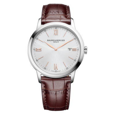 Baume & Mercier Classima / orologio uomo / quadrante argentato / cassa acciaio / cinturino pelle rosso bruno