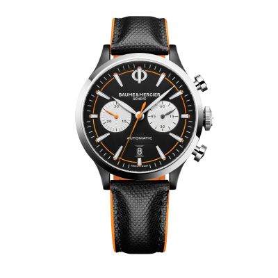 Baume & Mercier Capeland / orologio uomo / quadrante nero, contatori argentati / cassa acciaio, finitura ADLC scura / cinturino in pelle nero e arancione