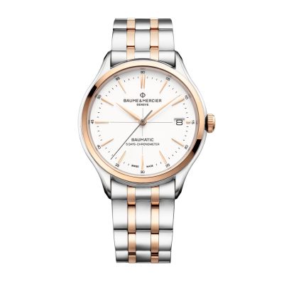 Baume & Mercier Clifton Baumatic COSC / orologio uomo / quadrante bianco / cassa e bracciale acciaio e oro rosa