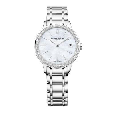 Baume & Mercier Classima Lady / orologio donna / quadrante madreperla / cassa acciaio e diamanti / bracciale acciaio