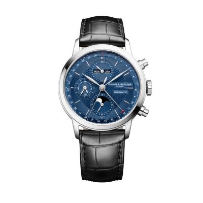 Baume & Mercier Classima Chrono Calendario Completo / orologio uomo / quadrante blu con decoro guilloché grain d'orge / cassa acciaio / cinturino pelle nera