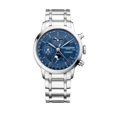 Baume & Mercier Classima Chrono Calendario Completo / orologio uomo / quadrante blu con decoro guilloché grain d'orge / cassa e bracciale acciaio