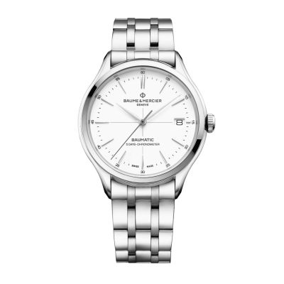 Baume & Mercier Clifton Baumatic COSC / orologio uomo / quadrante bianco / cassa e bracciale acciaio 