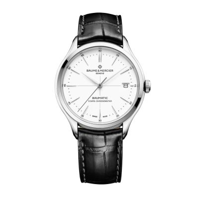 Baume & Mercier Clifton Baumatic COSC / orologio uomo / quadrante bianco / cassa acciaio / cinturino pelle alligatore nero