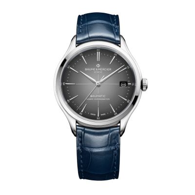 Baume & Mercier Clifton Baumatic COSC / orologio uomo / quadrante grigio sfumato / cassa acciaio / cinturino pelle alligatore blu
