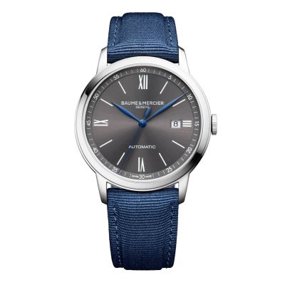 Baume & Mercier Classima / orologio uomo / quadrante grigio soleil / cassa acciaio / cinturino canvas blu