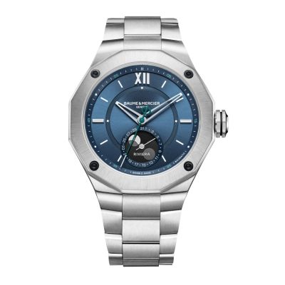 Baume & Mercier Riviera Baumatic Moonphase / orologio uomo / quadrante blu soleil / cassa e bracciale acciaio