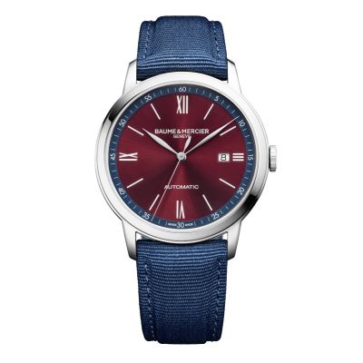 Baume & Mercier Classima / orologio uomo / quadrante burgundy soleil / cassa acciaio / cinturino canvas blu