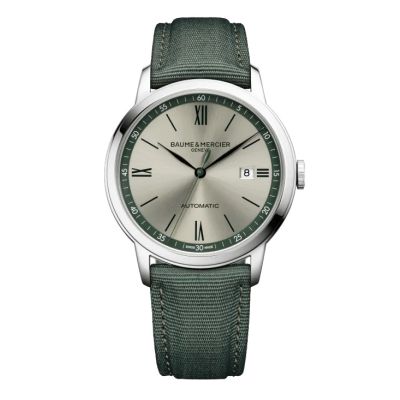 Baume & Mercier Classima / orologio uomo / quadrante argentato finitura satinata "soleil" / cassa acciaio / cinturino canvas verde