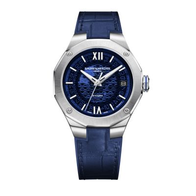 Baume & Mercier Riviera / orologio uomo / quadrante blu fumè / cassa acciaio / cinturino caucciù blu