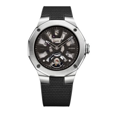 Baume & Mercier Riviera / orologio uomo / quadrante scheletrato nero / cassa acciaio / cinturino caucciù nero