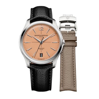 Baume & Mercier Clifton Baumatic / orologio uomo / quadrante opalino salmone / cassa acciaio / cinturino pelle nero