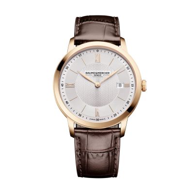 Baume & Mercier Classima / orologio uomo / quadrante argentato / cassa acciaio PVD dorato / cinturino pelle marrone