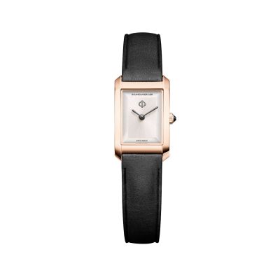 Baume & Mercier Hampton / orologio donna / quadrante argentato soleil / cassa acciaio PVD dorato / cinturino pelle nero