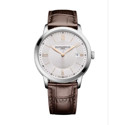 Baume & Mercier Classima / orologio uomo / quadrante argentato / cassa acciaio / cinturino pelle marrone