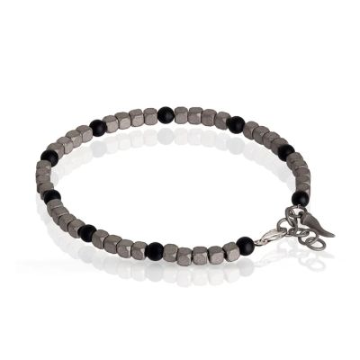Mano-J / Uomo / bracciale con cubi e cornetto / titanio, onice, oro bianco 9 kt e diamante nero