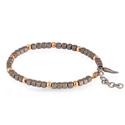 Mano-J / Uomo / bracciale con cubi, sfere e cornetto / titanio, oro rosso 9 kt e diamante nero