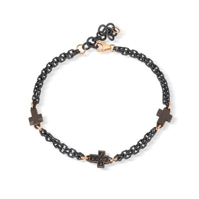 Mano-J / Uomo / bracciale catena con 3 croci / titanio, oro rosso 18 kt, oro rosa 9 kt e diamanti neri