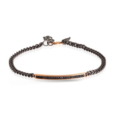 Mano-J / Uomo / bracciale catena groumette con barretta e cornetto / titanio, oro rosso 9 kt e diamanti neri
