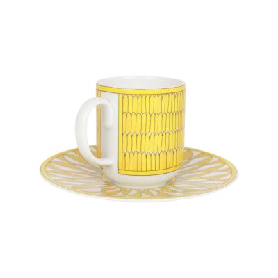 Hermès / Soleil d' Hermes / set 2 tazze caffè con piattino / porcellana / bianco, giallo