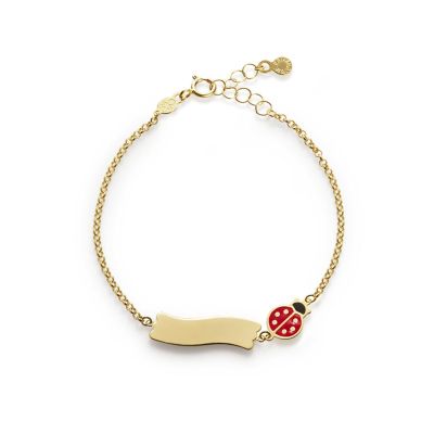 leBebé / PrimeGioie / bracciale fortuna con coccinella e targhetta / oro giallo e smalto rosso e nero