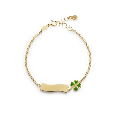 leBebé / PrimeGioie / bracciale fortuna quadrifoglio e targhetta / oro giallo e smalto verde