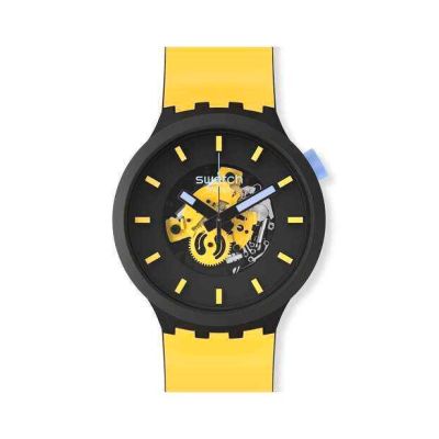 Swatch / Big Bold / Bioceramic – Mustard Skies / orologio unisex / quadrante scheletrato nero / cassa plastica / cinturino plastica
