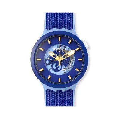 Swatch / Big Bold Bisourced / Bouncing Blue / orologio unisex / quadrante scheletrato / cassa plastica / cinturino silicone