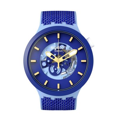 Swatch / Big Bold Bisourced / Bouncing Blue / orologio unisex / quadrante scheletrato / cassa plastica / cinturino silicone