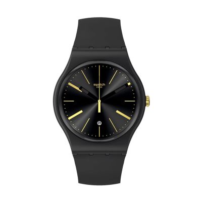 Swatch / Skin Irony / A Dash of Yellow / orologio unisex / quadrante nero / cassa plastica / cinturino gomma