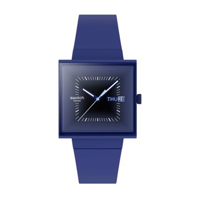 Swatch Squarely Blacklight / Bioceramic / orologio quadrato unisex / quadrante blu / cassa plastica / cinturino plastica