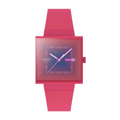 Swatch Squarely Berry / Bioceramic / orologio quadrato unisex / quadrante viola / cassa plastica / cinturino plastica