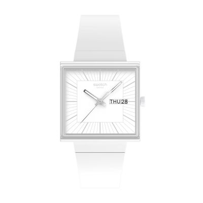 Swatch What If...Allwhite? / Bioceramic / orologio quadrato unisex / quadrante bianco / cassa plastica / cinturino plastica