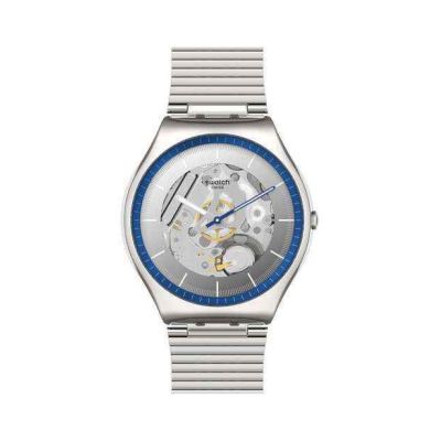 Swatch Skin Irony Ringing in Blue orologio uomo quadrante scheletrato grigio cassa e bracciale acciaio