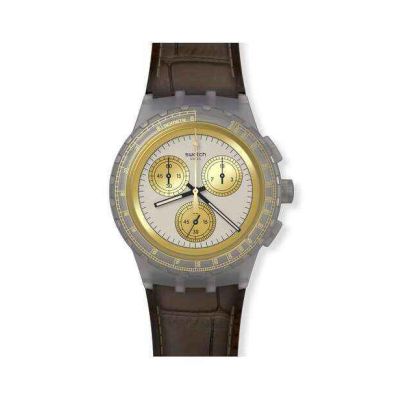Swatch / Irony Chrono / Golden Radiance / orologio unisex / quadrante grigio / cassa plastica / cinturino cuoio