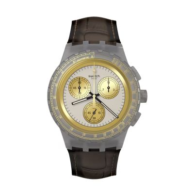 Swatch / Irony Chrono / Golden Radiance / orologio unisex / quadrante grigio / cassa plastica / cinturino cuoio